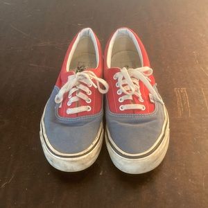 Red and blue Vans skate shoes.